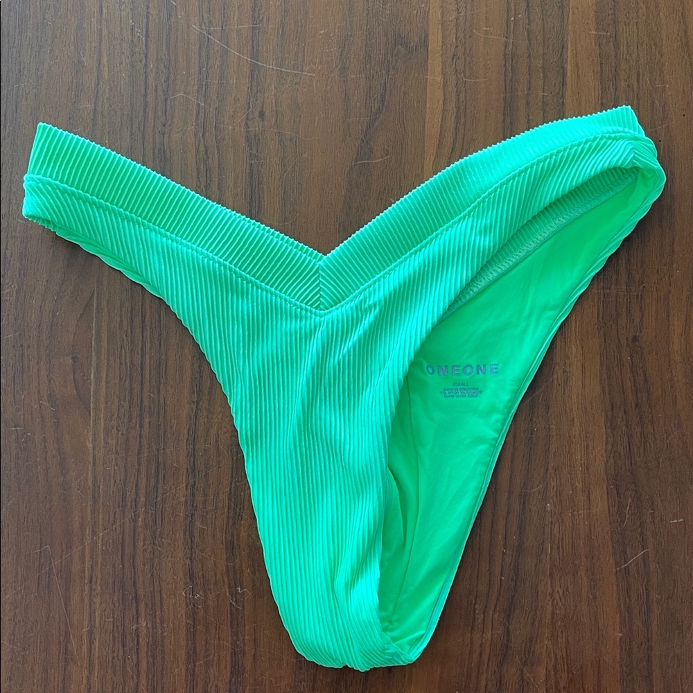 OneOne Lime Green Ribbed Bikini Bottom Cheeky Thong Swim Bottom